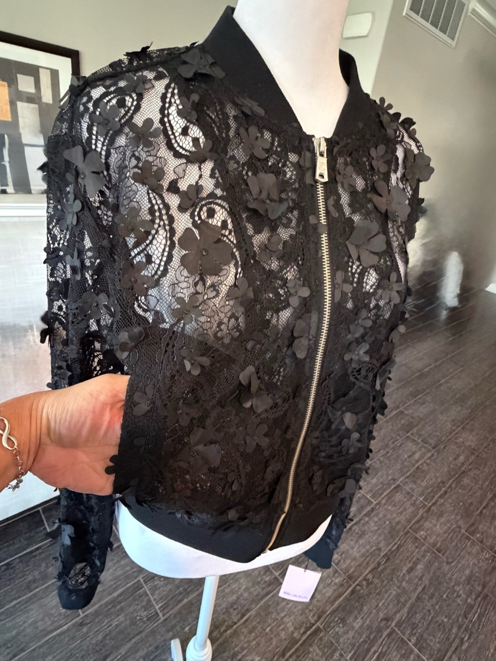 Avec Les Filles Black 3D Floral Lace Bomber Jacket